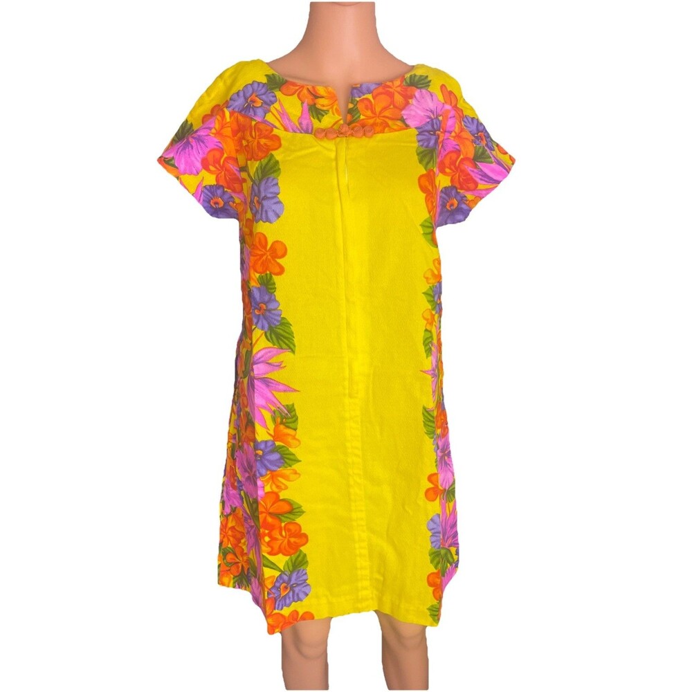 Vintage 1960’s Hawaiian Togs Honeymoon Mini  Dress Bright Yellow Floral Size XS